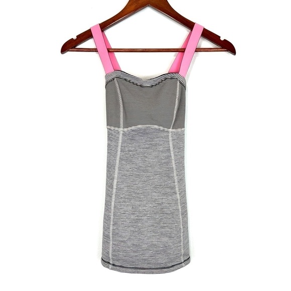 Lululemon Run Catch Me Tank Black Stripes with Adjustable Neon Pink Straps Sz. 2 - Picture 1 of 14